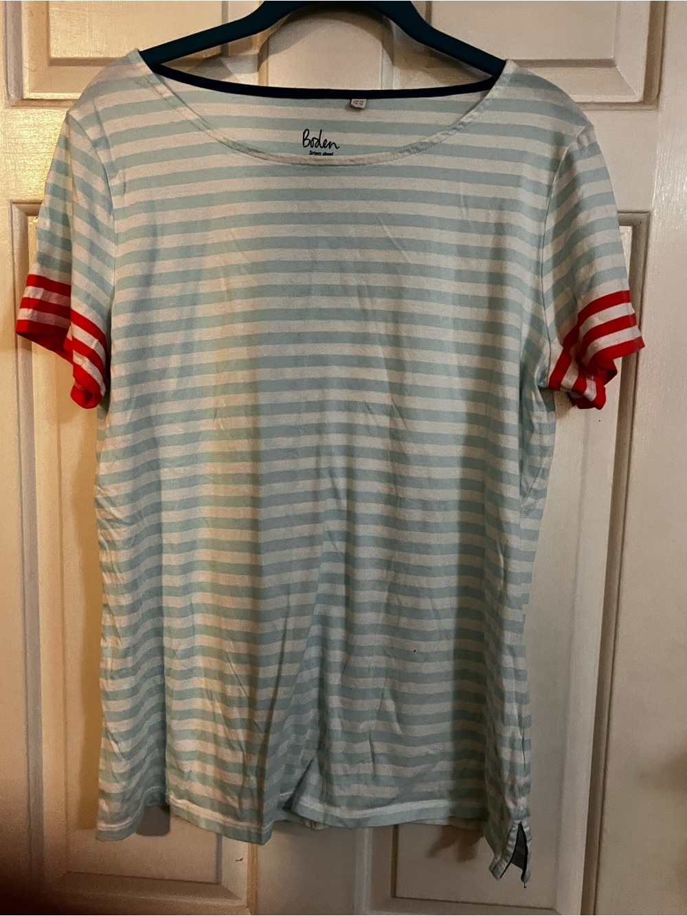 Boden Mint and White Striped Tee with Navy Neck Trim